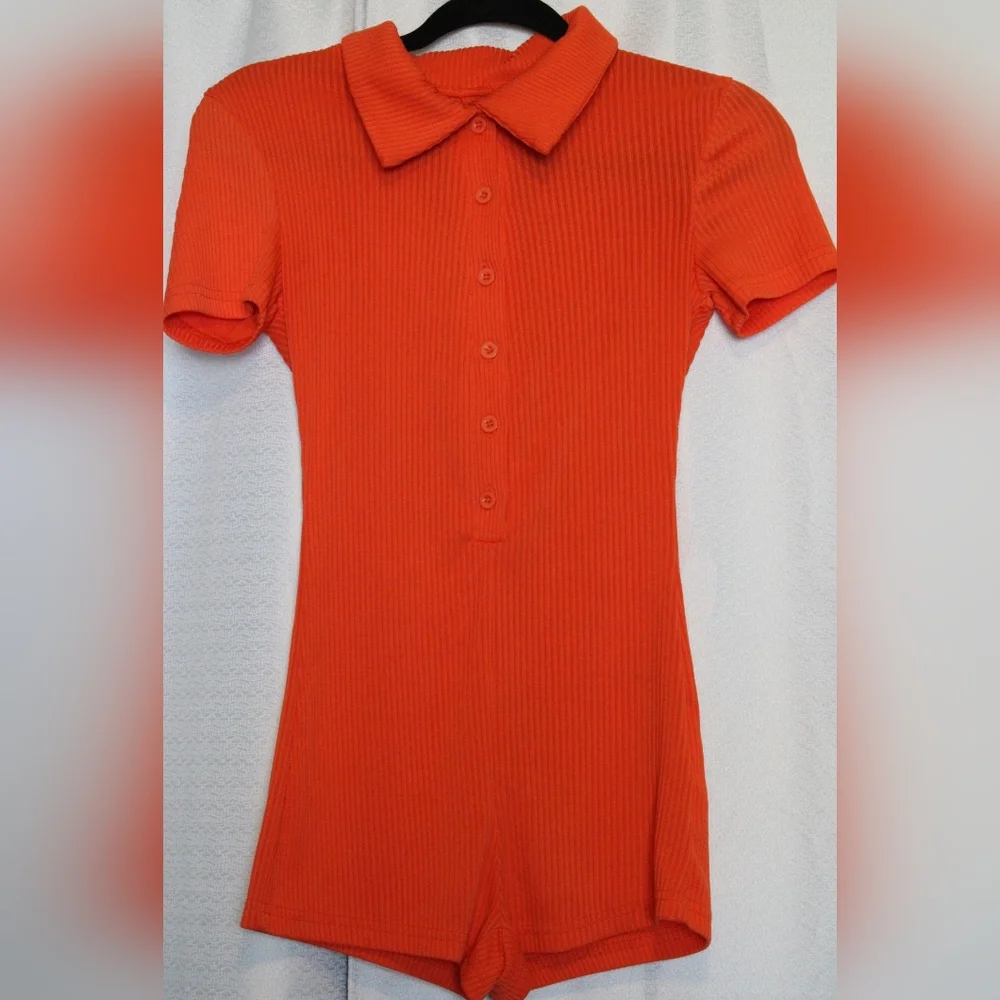 Shein XS Ribbed Short Sleeve Romper – Bright Orange - Picture 3 of 6
